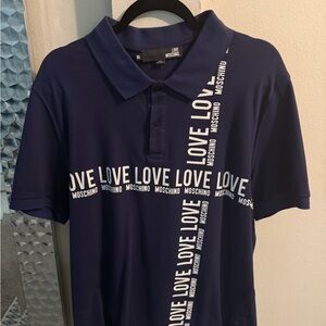 Love Moschino Navy Polo with White LOVE Logo Stripes